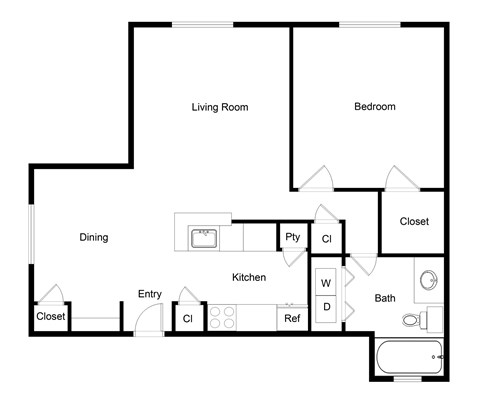 Floor plan for 1 bed, 1 bath, 730 sqft